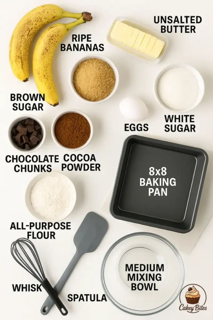 Key ingredients for banana bread brownies—featuring bananas, cocoa, flour, and chocolate chunks for rich, moist results. Mixing bowl filled with mashed bananas and chocolate batter, set on a baking surface—capturing the rich blend of ingredients used in banana bread brownies.