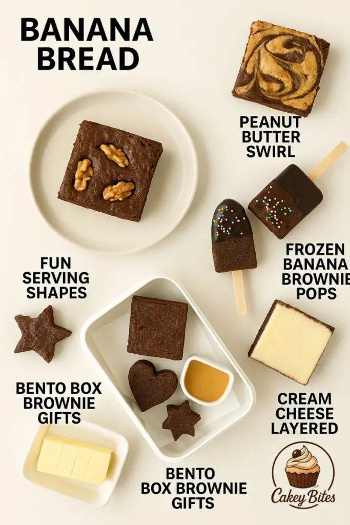 Banana bread brownies served with banana slices, nuts, and chocolate chips—creative ideas for flavor variations and presentation. Banana bread brownies served on a wooden board with nuts, chocolate chips, and banana slices—highlighting creative variations and elegant serving ideas.
