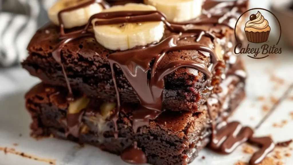 Banana bread brownies topped with chocolate drizzle and banana slices, served on a rustic board—capturing the indulgent appeal of this upgraded classic dessert.