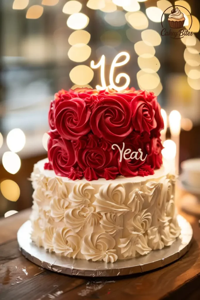 Anniversary bento cake with red rose piping and heartfelt lettering—an example of popular themed designs for special events. Anniversary-themed bento cake with red rose piping and elegant lettering, exemplifying popular event-themed bento cake designs.