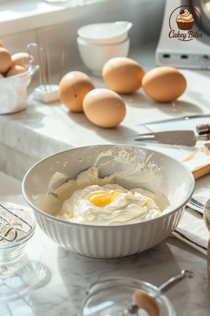 Mixing sponge batter for bento cake preparation—whipped eggs and flour for optimal texture and softness. Mixing bowl with whipped eggs and flour on a bright counter—showcasing the preparation of sponge base variations used for bento cake texture enhancements.