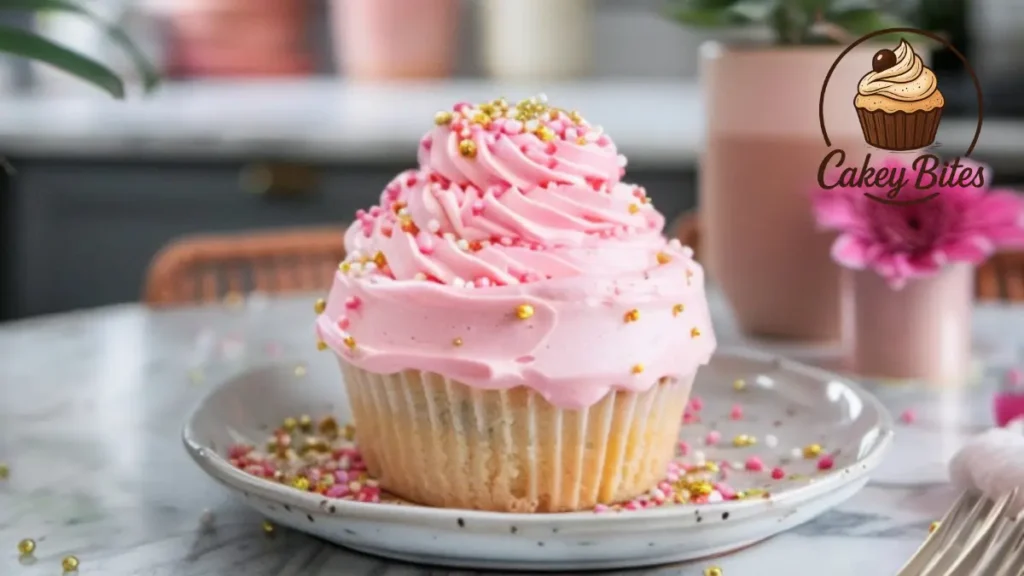 Single bento cake with pink swirl frosting and gold pearls, styled on a clean surface—an ideal example of an adorable mini bento cake from a beginner-friendly tutorial.