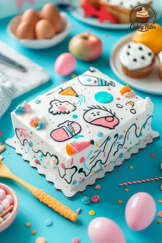 Birthday bento cake with cartoon design, boxed with care—demonstrating what customers value in presentation and personalization. Bento cake with cartoon sketch design for a birthday, boxed with care—illustrating customer expectations in bento cake presentation and personalization.