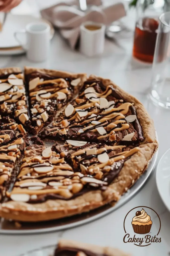 Brownie lover’s peanut butter pizza with custom-topped slices—perfect for enjoying and sharing with family and friends. A finished brownie lover's peanut butter pizza with personalized slices, decorated with various toppings—perfect for sharing with family and friends.