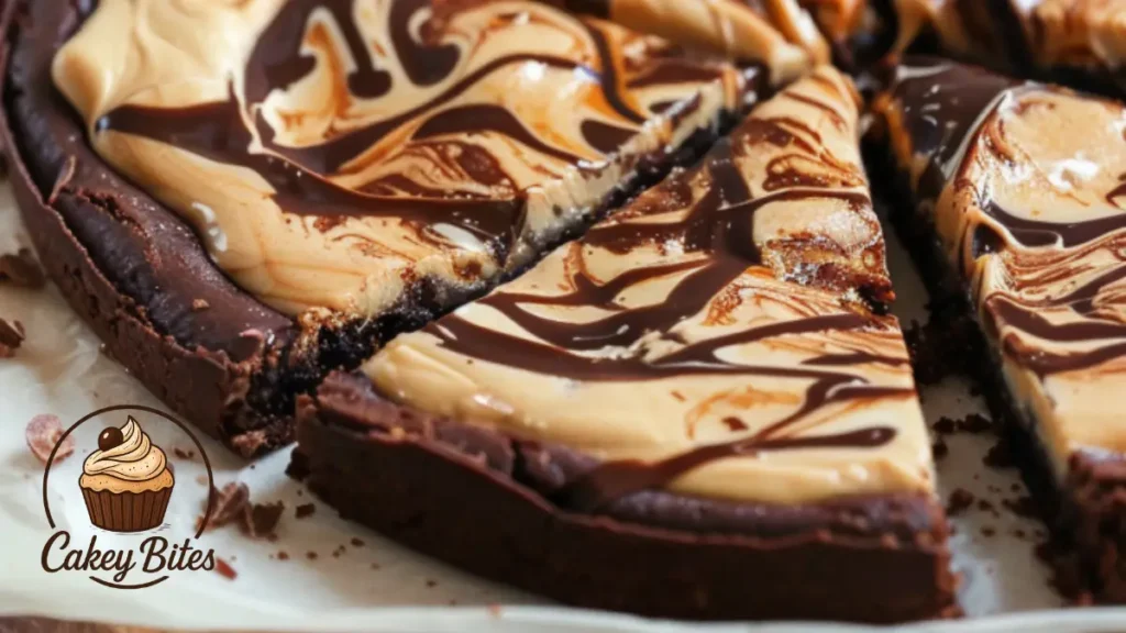 Brownie lover's peanut butter pizza sliced on a wooden board—topped with banana slices, chocolate chips, and chopped nuts for a rich, fudgy dessert experience.