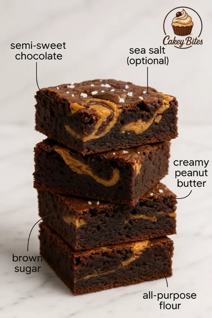 Stacked chocolate peanut butter brownies with visible peanut butter swirls, semi-sweet chocolate, and sea salt—highlighting standout ingredients. Stack of chocolate peanut butter brownies showing rich swirls of creamy peanut butter, topped with sea salt and labeled ingredients like semi-sweet chocolate and brown sugar.