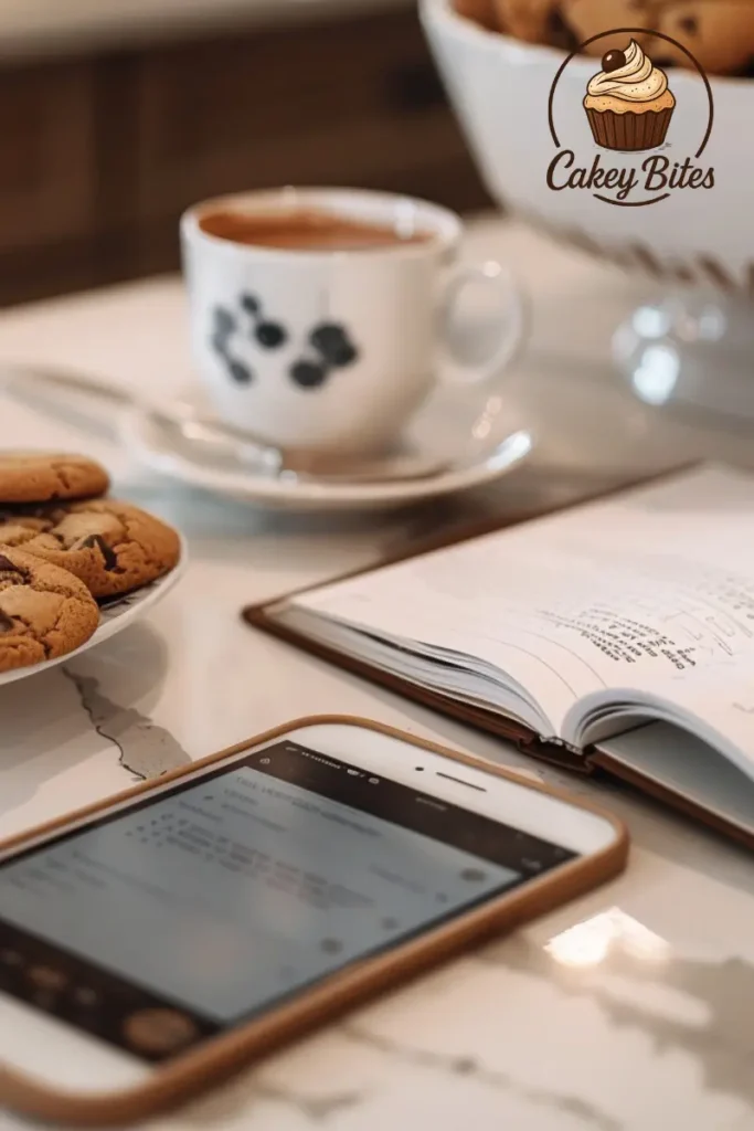 Tablet showing cookies policy in a modern kitchen—representing CakeyBites’ digital transparency. Stylish kitchen workspace with a tablet displaying a policy page—representing transparency for the Cookies Policy CakeyBites.