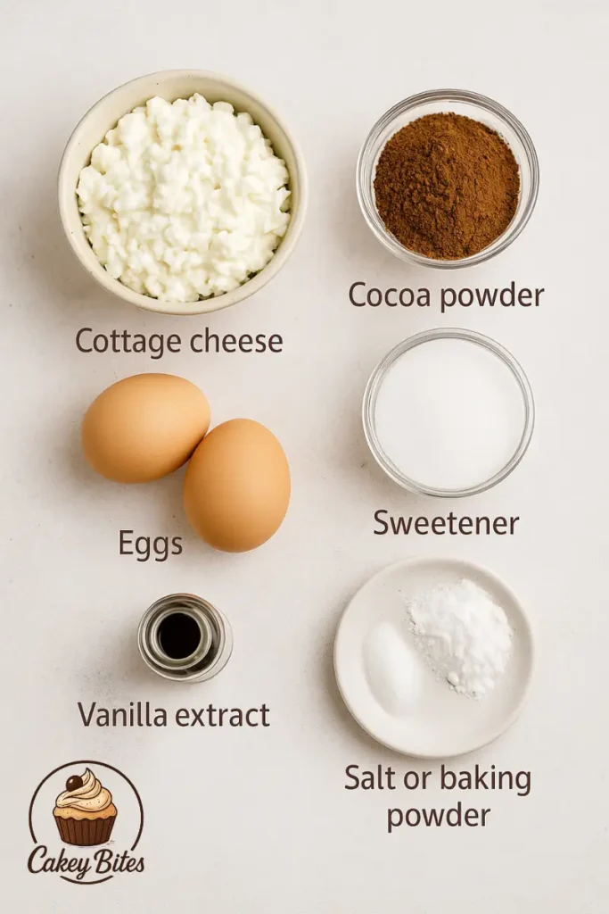 Ingredients for cottage brownie bites—featuring cottage cheese, cocoa powder, eggs, and other essentials for healthy baking. Flat lay of core ingredients for cottage brownie bites, including cottage cheese, cocoa powder, eggs, sweetener, vanilla extract, and salt or baking powder.