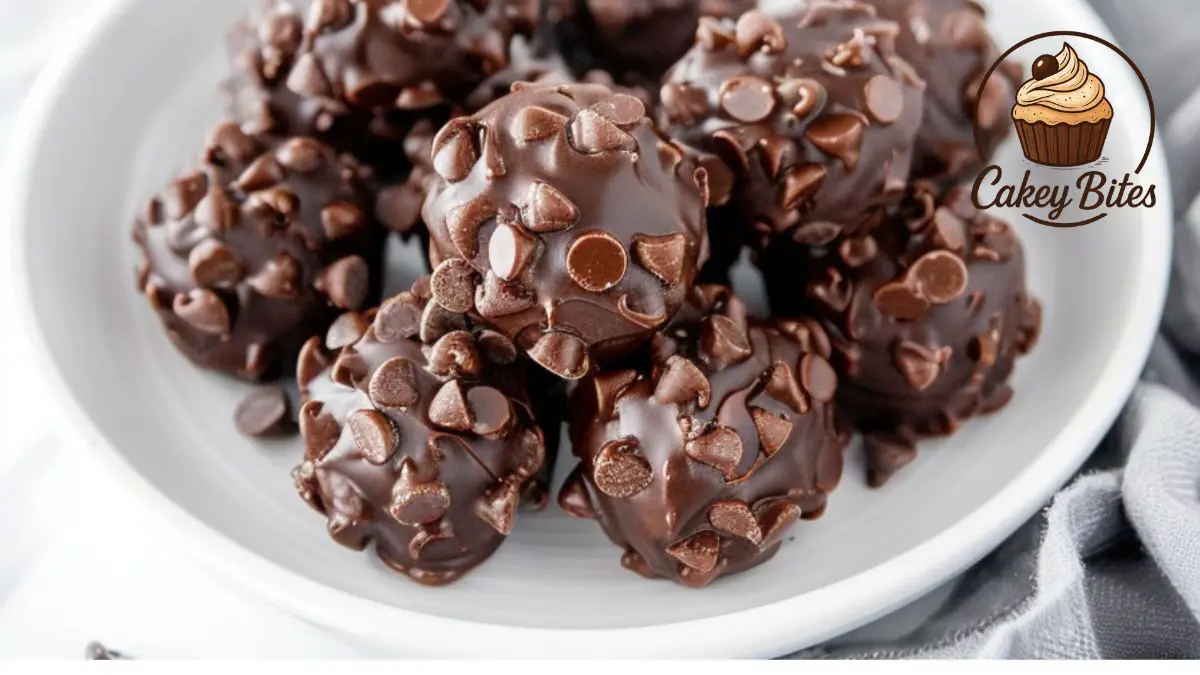 No-bake cottage brownie bites served on a white plate with chocolate drizzle—showcasing their rich texture and easy, oven-free preparation.