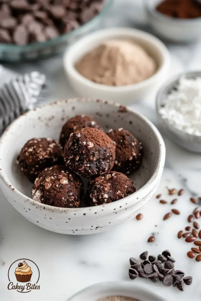 Vegan ingredients for cottage brownie bites—featuring flax eggs, oat flour, and dairy-free chocolate chips for a plant-based treat. Vegan-friendly ingredients for cottage brownie bites, including flax eggs, dairy-free cottage cheese, cocoa powder, oat flour, coconut sugar, and vegan chocolate chips.