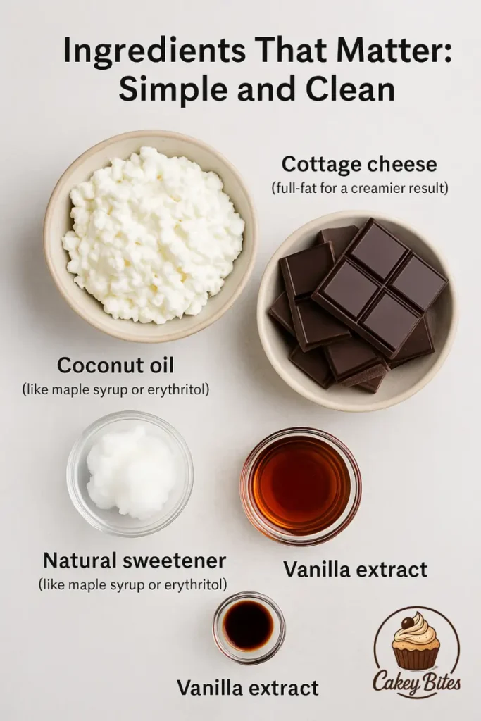 Simple and clean ingredients for cottage cheese fudge bars—wholesome choices for a healthier dessert. Ingredients for cottage cheese fudge bars laid out neatly, including cottage cheese, cocoa powder, honey, and oats—emphasizing the simplicity and wholesomeness of the recipe.