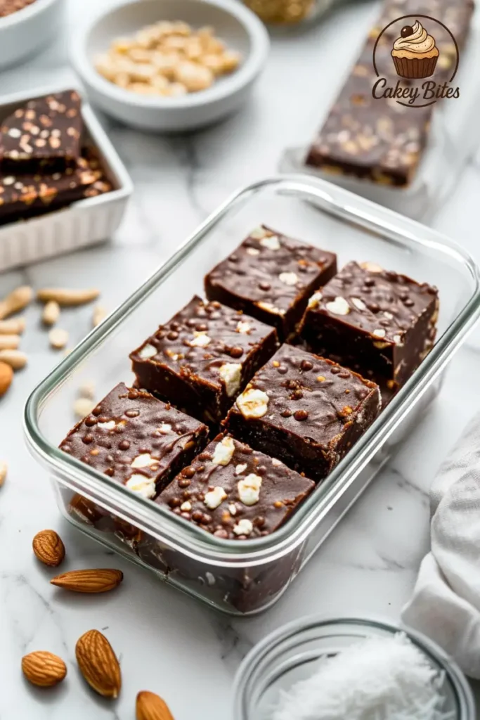 Cottage cheese fudge bars in a storage container—high-protein, portable, and perfect for post-workout recovery. Cottage cheese fudge bars stored in a clear food container—ideal for post-workout snacking thanks to their high protein content and convenient portioning.