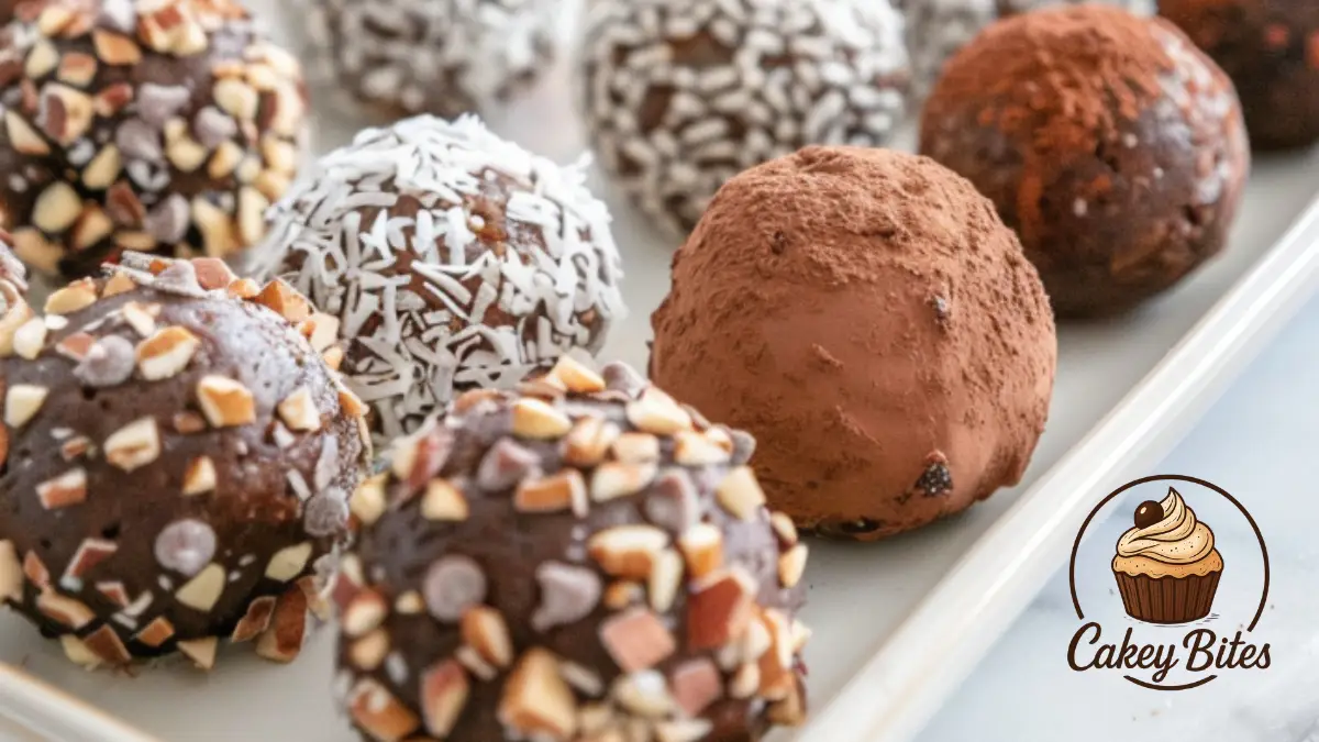Assorted no-bake date brownie balls with different coatings like coconut, cocoa powder, and crushed nuts—perfect for healthy snacking variety.