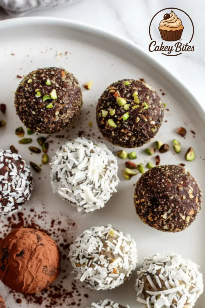Tray of assorted date brownie balls with healthy toppings—representing balanced nutrition and smart baking tips. Assorted date brownie balls on a serving tray with varied toppings—highlighting health benefits and presentation ideas.