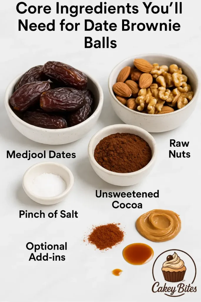 Essential ingredients for date brownie balls—featuring Medjool dates, nuts, cocoa, salt, and optional flavor add-ins. Core ingredients for date brownie balls including Medjool dates, raw nuts, unsweetened cocoa, salt, and optional add-ins like vanilla or nut butter.