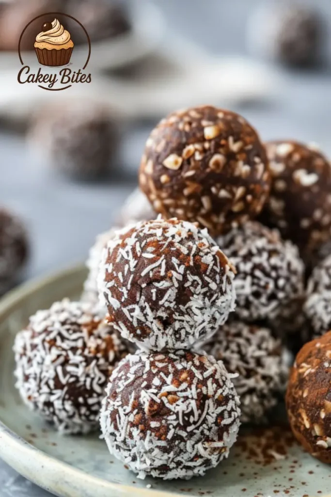 Chewy date brownie balls stacked on a plate—naturally sweet, rich in texture, and perfect for healthy snacking. Close-up of chewy date brownie balls stacked on a white plate—showcasing their rich, dense texture and natural sweetness.
