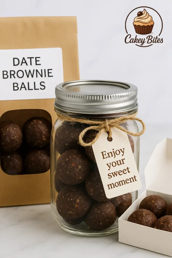 Beautifully packaged date brownie balls in a jar, bag, and box—perfect for sharing, selling, or enjoying at home. Packaging of date brownie balls in a paper bag, glass jar, and gift box—perfect for sharing, selling, or enjoying homemade treats.