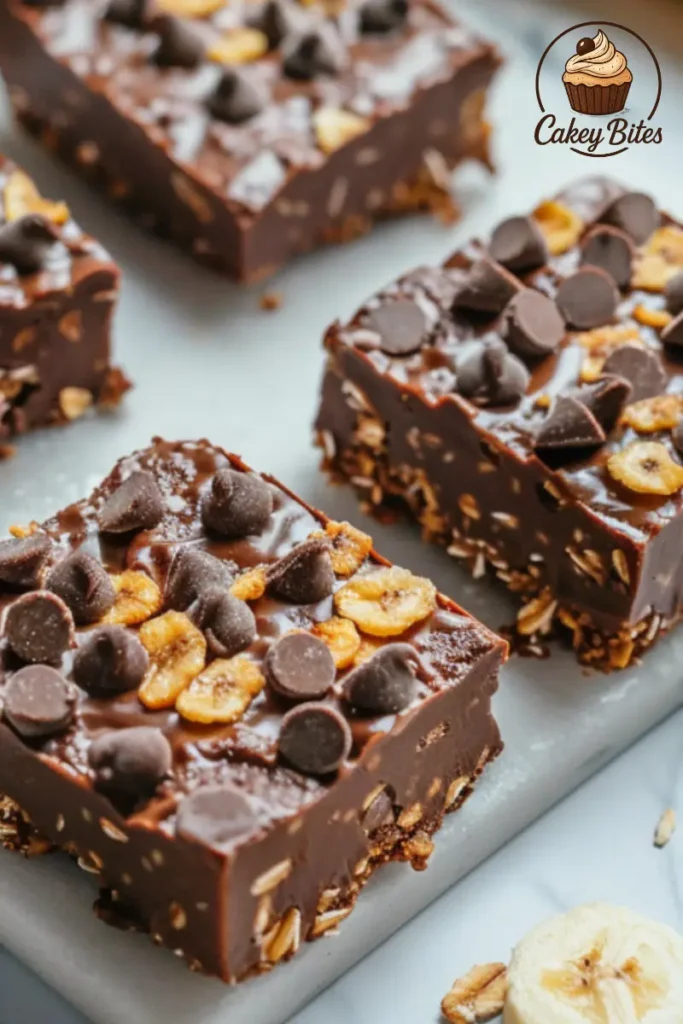 Banana chocolate chip oatmeal fudge bars topped with dried bananas—fun and creative variation for a classic treat. Banana chocolate oatmeal fudge bars topped with chocolate chips and banana slices—fun variation of classic oatmeal fudge bars.