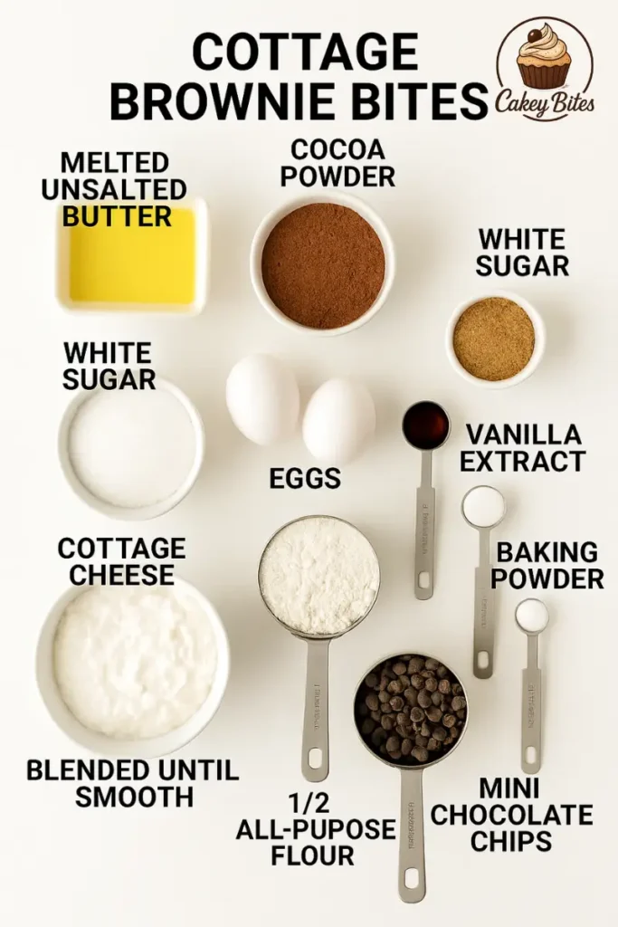 Cottage brownie bites ingredients—featuring cottage cheese, cocoa, flour, chocolate chips, and more for the perfect healthy brownie. Top view of ingredients for cottage brownie bites, including cottage cheese, cocoa powder, butter, eggs, flour, sugar, vanilla extract, baking powder, and mini chocolate chips—blended into a rich, fudgy dessert.