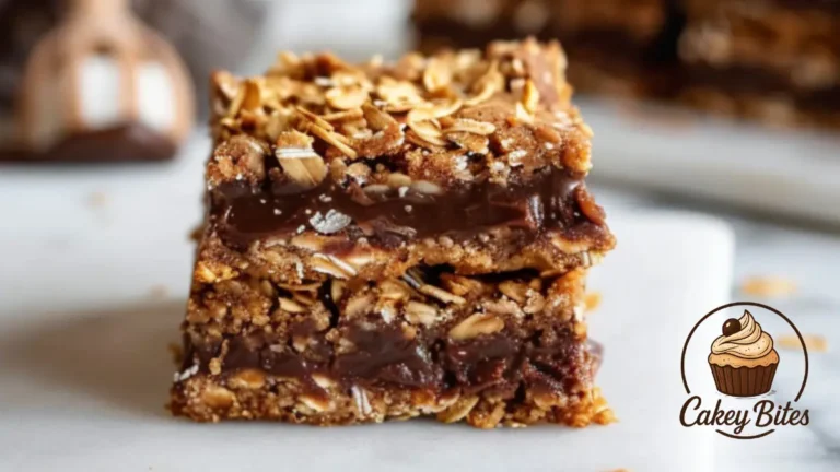 Freshly baked oatmeal fudge bars sliced into neat squares—featuring a golden oat layer and rich chocolate fudge center.