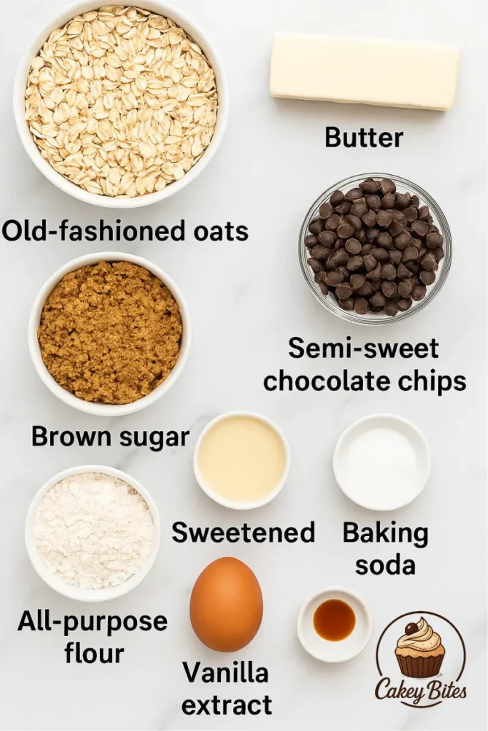 Key ingredients for oatmeal fudge bars including oats, chocolate chips, brown sugar, and vanilla—each bringing flavor and texture to the recipe. Flat lay of key ingredients for oatmeal fudge bars including oats, butter, brown sugar, sweetened condensed milk, flour, chocolate chips, baking soda, egg, and vanilla extract.