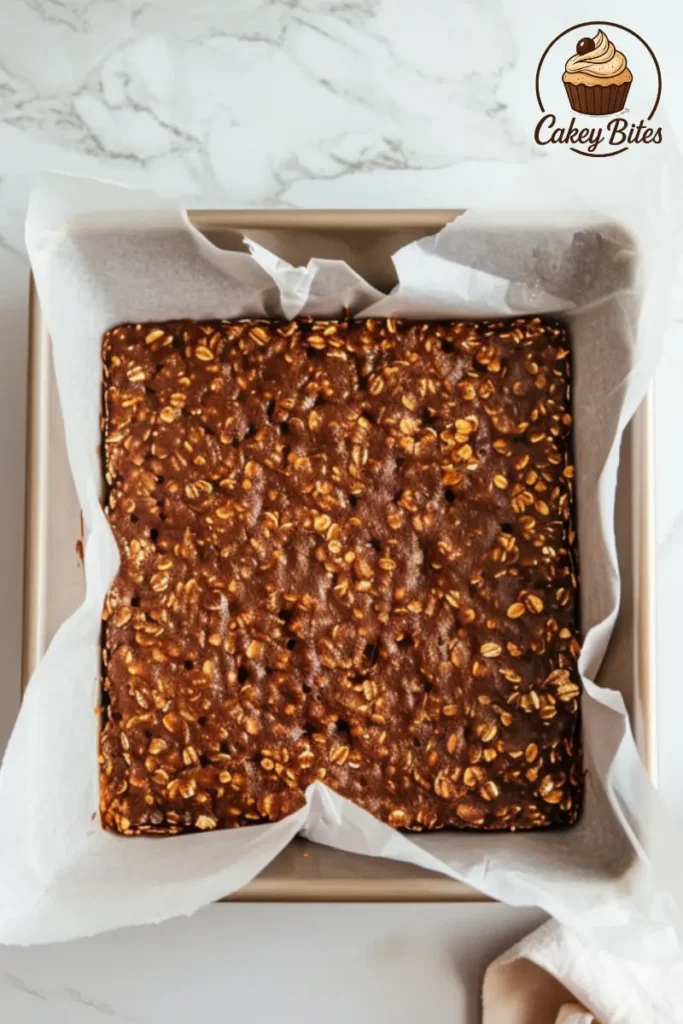 Baking pan lined with parchment and filled with oat mixture—first step in making easy oatmeal fudge bars at home. Parchment-lined baking pan filled with a layer of oat mixture for oatmeal fudge bars—showing the first step in the easy homemade process.