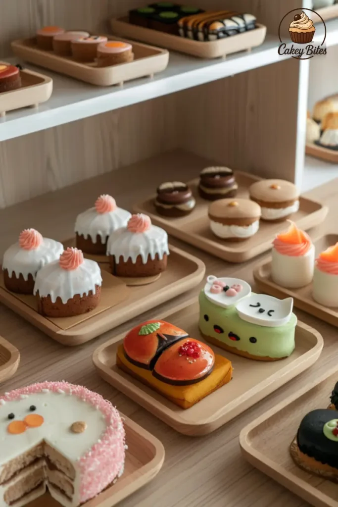 Bento cakes with cute decorations beside traditional cakes—showing how this trendy dessert format redefines the classic cake experience. Playful bento-style ube cakes with cute designs, arranged beside classic cake slices—highlighting visual and stylistic differences from regular cakes in a modern ube cake recipe.