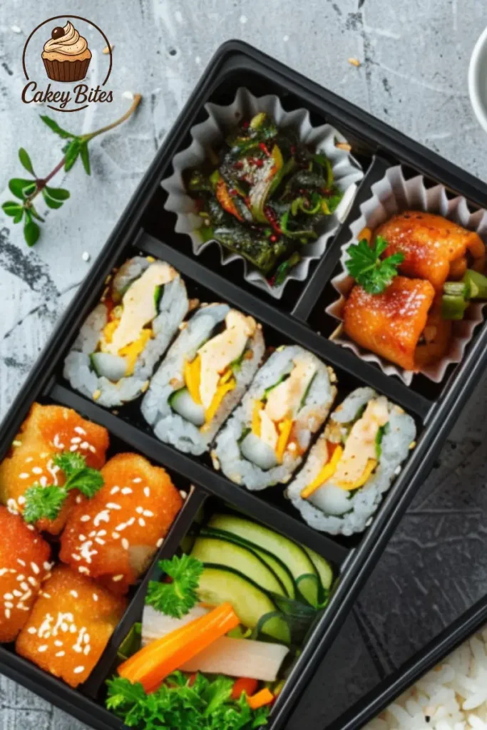 Traditional Japanese bento box with balanced and artistic presentation—cultural origin of what is bento cake. Artistic Japanese bento meal with neatly arranged rice, vegetables, and protein—visual foundation for understanding what is bento cake.