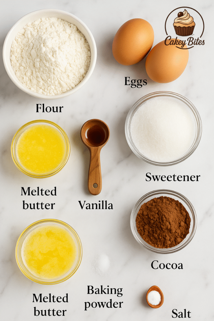 Complete set of ingredients needed for baking a bento cake, including flour, cocoa, and vanilla—first step before decorating. Flat lay of bento cake ingredients including flour, eggs, sugar, cocoa, melted butter, vanilla, baking powder, and salt—used in the baking process before decoration.