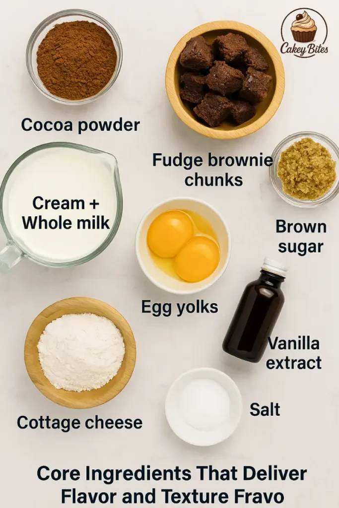 Ingredients that create the rich flavor and creamy texture of brownie batter ice cream, including cocoa, brownie chunks, and dairy base. Flat lay of brownie batter ice cream ingredients, including cocoa powder, fudge brownie chunks, cream, milk, cottage cheese, egg yolks, brown sugar, vanilla extract, and salt—highlighting the elements that enhance flavor and texture.