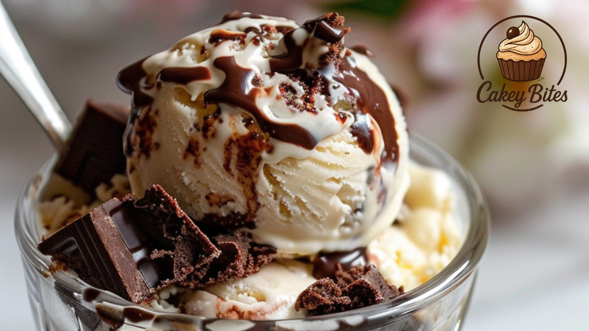 A melting scoop of rich brownie batter ice cream on a neutral surface, emphasizing its creamy texture, deep chocolate color, and indulgent appeal.