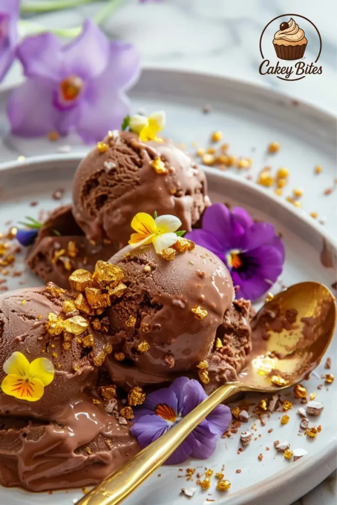 Three scoops of brownie batter ice cream, professionally garnished and styled—learn plating tips to elevate your dessert presentation. Dessert plate featuring three neatly scooped portions of brownie batter ice cream, artfully garnished and presented for a professional, eye-catching dessert display.