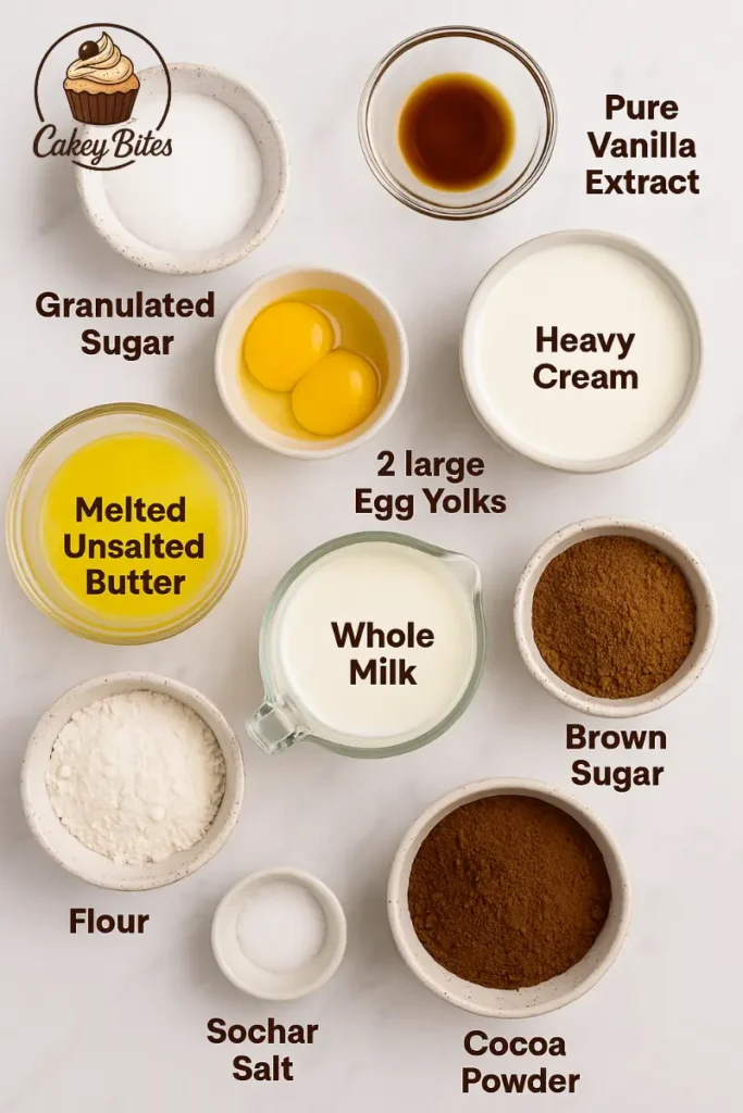 Ingredients for a step-by-step brownie batter ice cream base—cocoa, sugars, cream, milk, butter, and egg yolks. Flat lay of ingredients for a brownie batter ice cream base recipe, including cocoa powder, brown and granulated sugar, egg yolks, heavy cream, whole milk, flour, butter, vanilla extract, and salt.