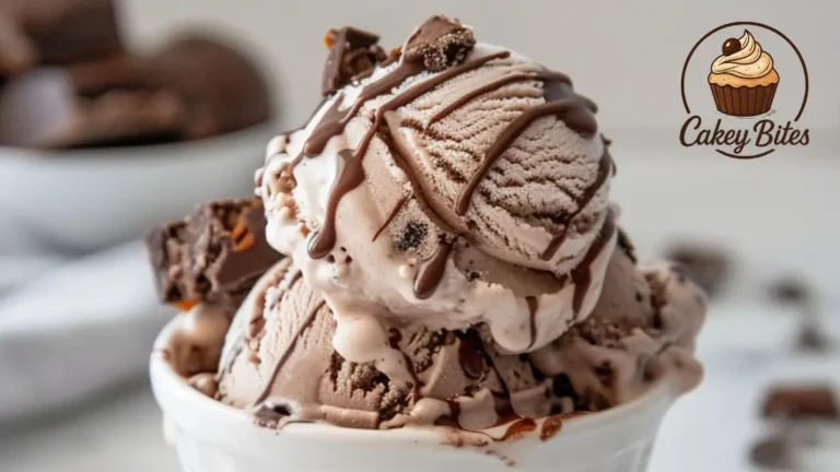 Freshly churned brownie batter ice cream being scooped, with visible creamy texture and rich chocolate swirls, ready to serve.