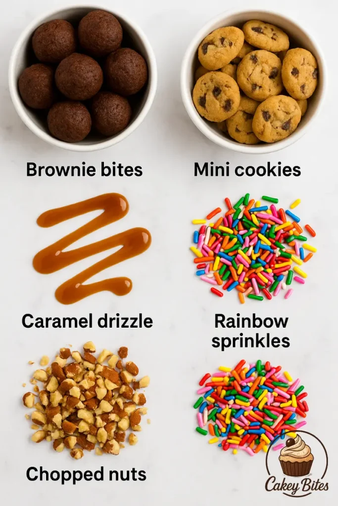 Toppings for brownie batter ice cream: brownie bites, cookies, caramel drizzle, sprinkles, and chopped nuts—irresistible add-ons for any scoop. Topping bar essentials for brownie batter ice cream, including brownie bites, mini cookies, caramel drizzle, chopped nuts, and rainbow sprinkles, all arranged on a white surface.