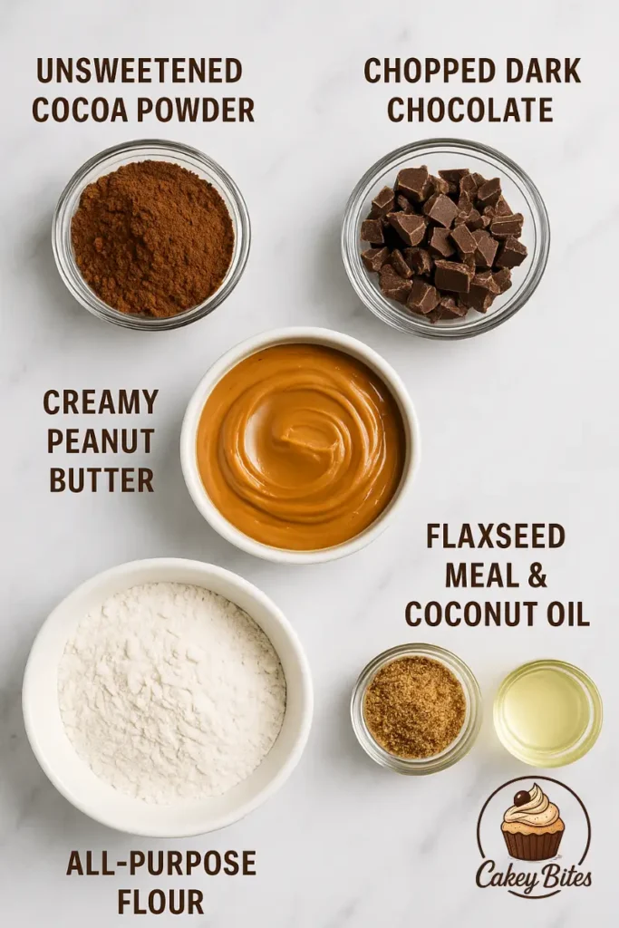 Discover the essential ingredients used to make rich and chewy chocolate peanut butter brownies, from cocoa to peanut butter. An image displaying key ingredients for chocolate peanut butter brownies, including unsweetened cocoa powder, chopped dark chocolate, creamy peanut butter, flaxseed meal, coconut oil, and all-purpose flour.