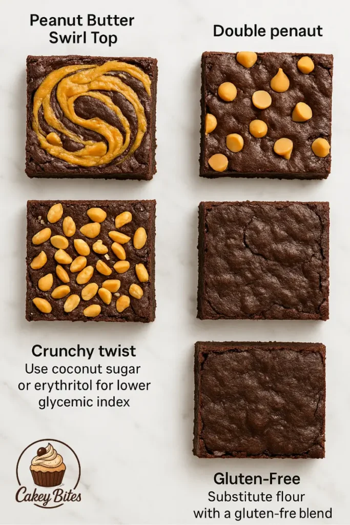 Four creative chocolate peanut butter brownie variations: peanut butter swirl, double peanut chips, crunchy nuts, and gluten-free options. Four creative variations of chocolate peanut butter brownies, including peanut butter swirl top, double peanut, crunchy twist with nuts, and a gluten-free option.