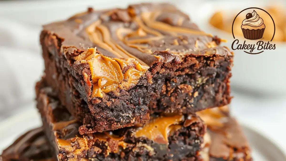 Freshly baked chocolate peanut butter brownies cooling on a wire rack, with rich swirls of melted chocolate and creamy peanut butter visible on top.