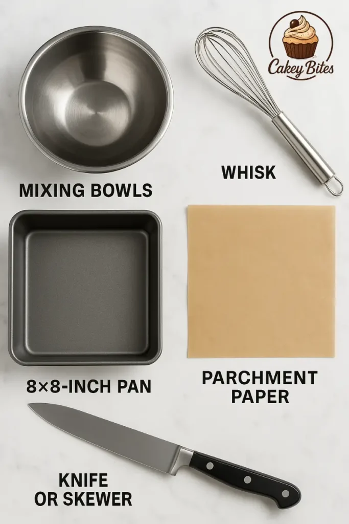 Essential tools to bake chocolate peanut butter brownies, including whisk, mixing bowls, 8×8-inch pan, parchment paper, and a knife for testing. Essential baking tools for making chocolate peanut butter brownies, including mixing bowls, whisk, 8×8-inch pan, parchment paper, and a knife or skewer.