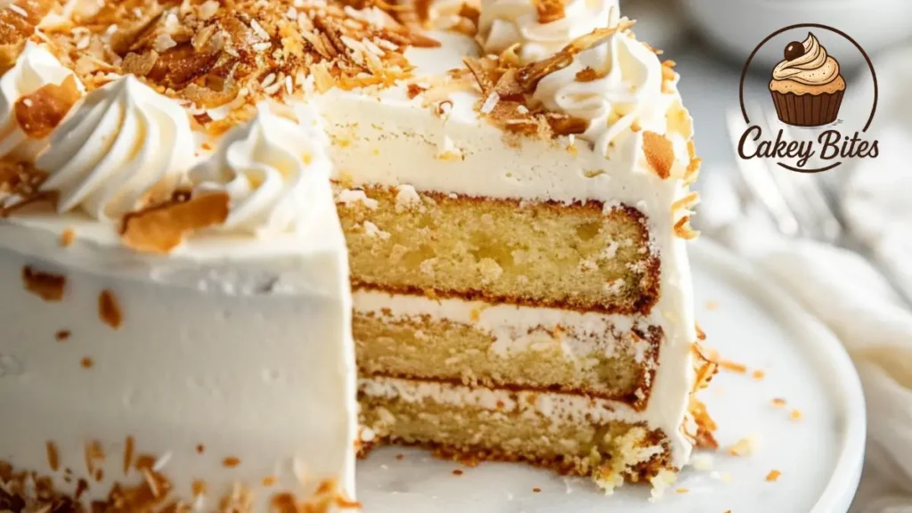 Whole pineapple coconut dream cake displayed on a white marble surface, topped with creamy frosting and shredded coconut, perfect for a showstopping, crowd-pleasing dessert.