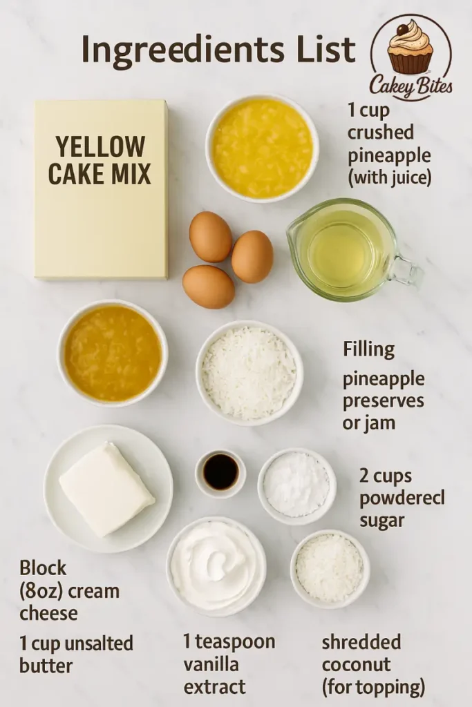 Ingredients for pineapple coconut dream cake: cake mix, crushed pineapple, cream cheese, butter, sugar, and coconut for topping. Flat lay of ingredients for pineapple coconut dream cake, including yellow cake mix, eggs, crushed pineapple, pineapple preserves, cream cheese, butter, powdered sugar, vanilla extract, and shredded coconut.