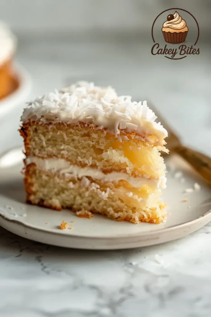 A slice of pineapple coconut dream cake made with vegan-friendly ingredients—light, airy, and packed with tropical flavor. A slice of light and airy pineapple coconut dream cake with creamy frosting, highlighting possible vegan and allergen-friendly substitutions that maintain the tropical taste and soft texture.