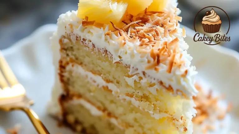 A moist slice of pineapple coconut dream cake served on a white ceramic plate, topped with creamy frosting and shredded coconut, showcasing its tropical flavor and soft texture.
