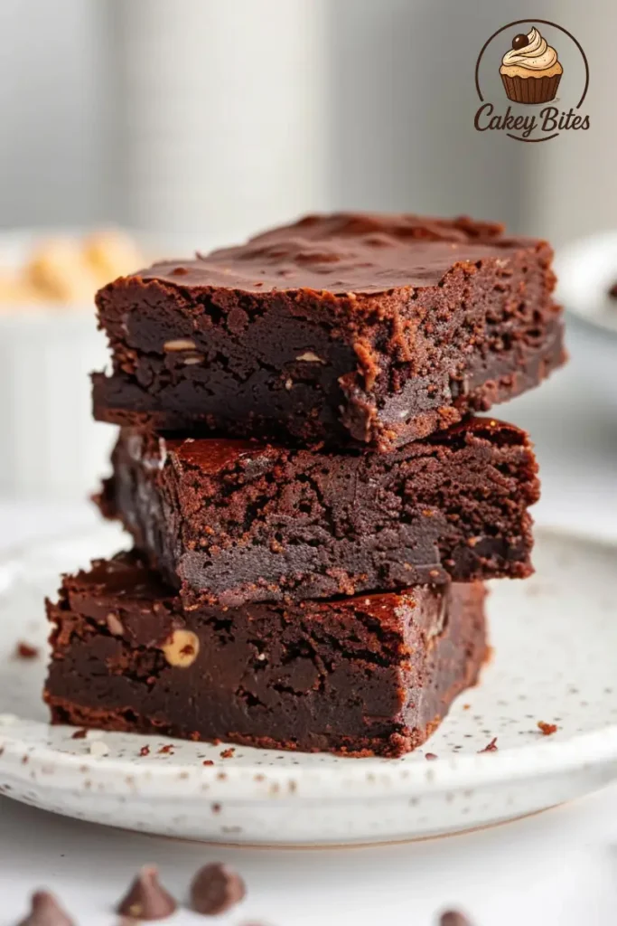 Fudgy and rich vegan chocolate peanut butter brownies stacked to highlight their plant-based ingredients and creamy peanut butter layers. A stack of vegan chocolate peanut butter brownies, showcasing their rich, fudgy texture and layered chocolate-peanut butter appearance.