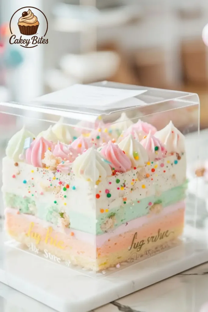 A pastel bento cake in a gift box showing its emotional and practical use—ideal for meaningful celebrations and easy sharing. A pastel-colored 4-inch bento cake in a clear gift box, highlighting its emotional value and practical use as a thoughtful and convenient dessert gift.