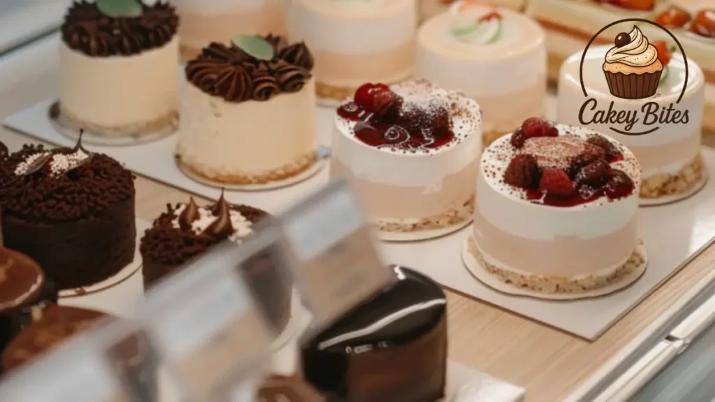 A variety of colorful bento cakes displayed on a shelf in a bakery, showcasing their creative designs, compact size, and visual appeal contributing to their viral popularity.