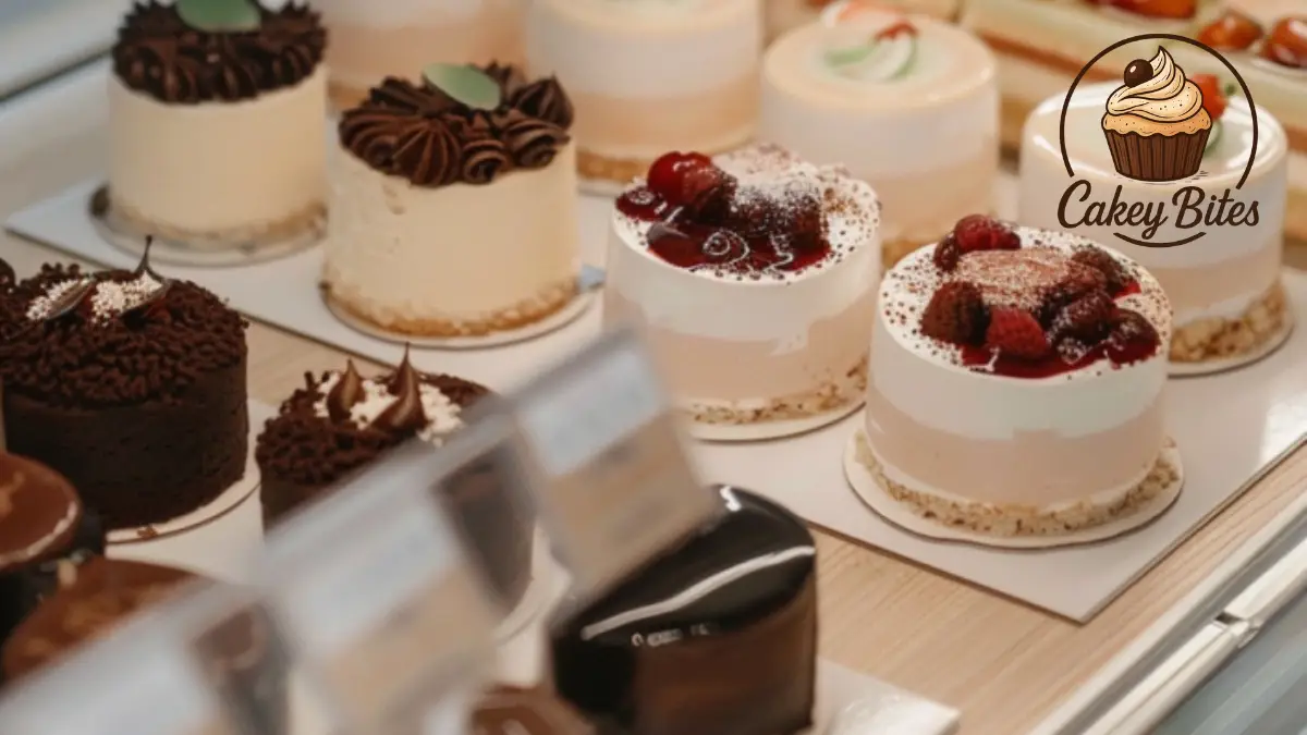 A variety of colorful bento cakes displayed on a shelf in a bakery, showcasing their creative designs, compact size, and visual appeal contributing to their viral popularity.