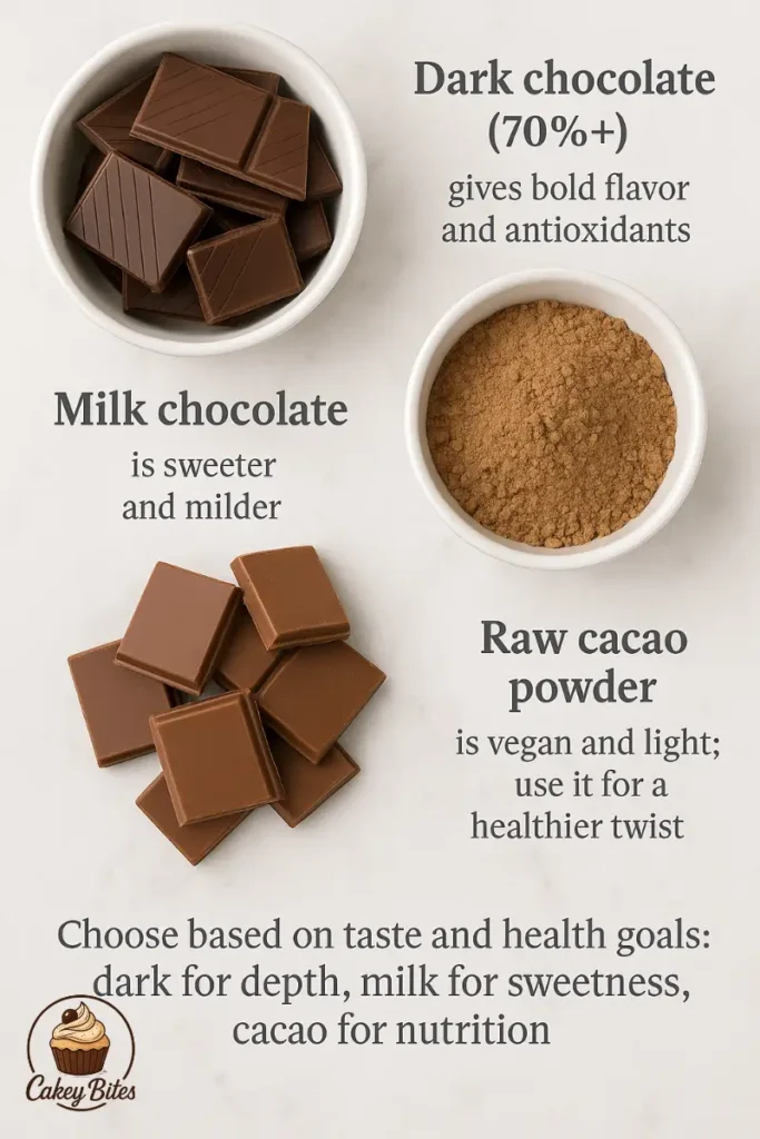 Dark chocolate, milk chocolate, or raw cacao—how to choose the best match for your cottage cheese chocolate mousse. Visual guide comparing dark chocolate, milk chocolate, and raw cacao powder for cottage cheese chocolate mousse, with tips on flavor, sweetness, and health benefits.