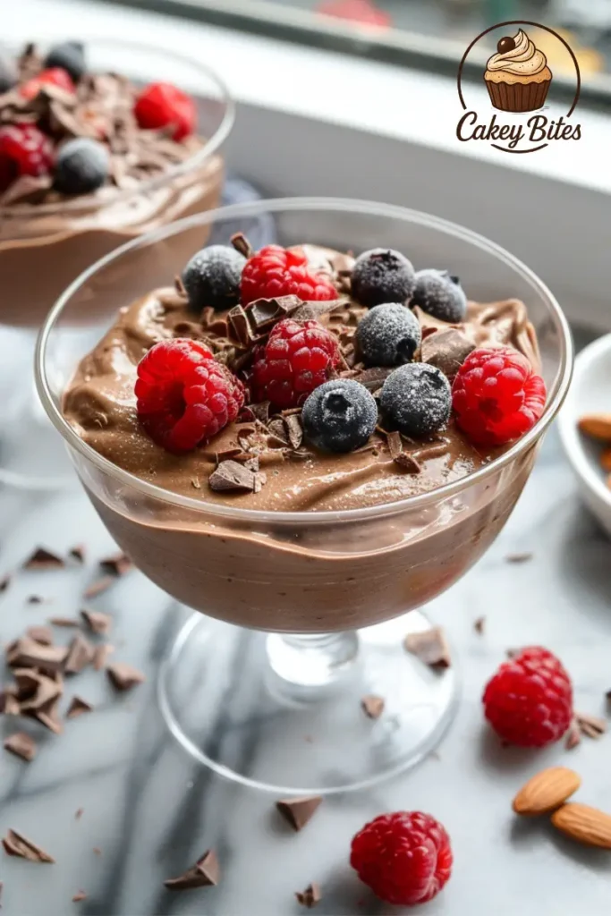 Smoothie bowl made with cottage cheese chocolate mousse—dessert-level taste meets nutritious breakfast energy. Aesthetic breakfast setup with a smoothie bowl featuring cottage cheese chocolate mousse, topped with granola, fresh fruits, and cacao nibs—merging dessert indulgence with nutritious breakfast.