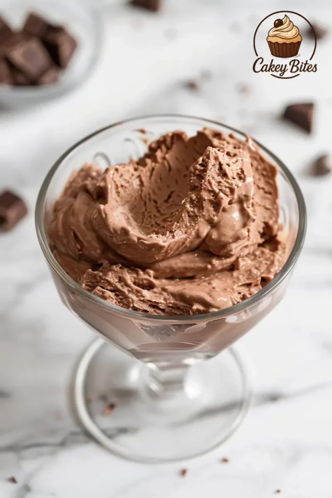 Cottage cheese chocolate mousse served in a glass—creamy, protein-rich, and part of the latest healthy dessert trend. Glass cup filled with creamy cottage cheese chocolate mousse, topped with chocolate shavings—highlighting the high-protein, low-sugar trend taking over healthy dessert recipes.